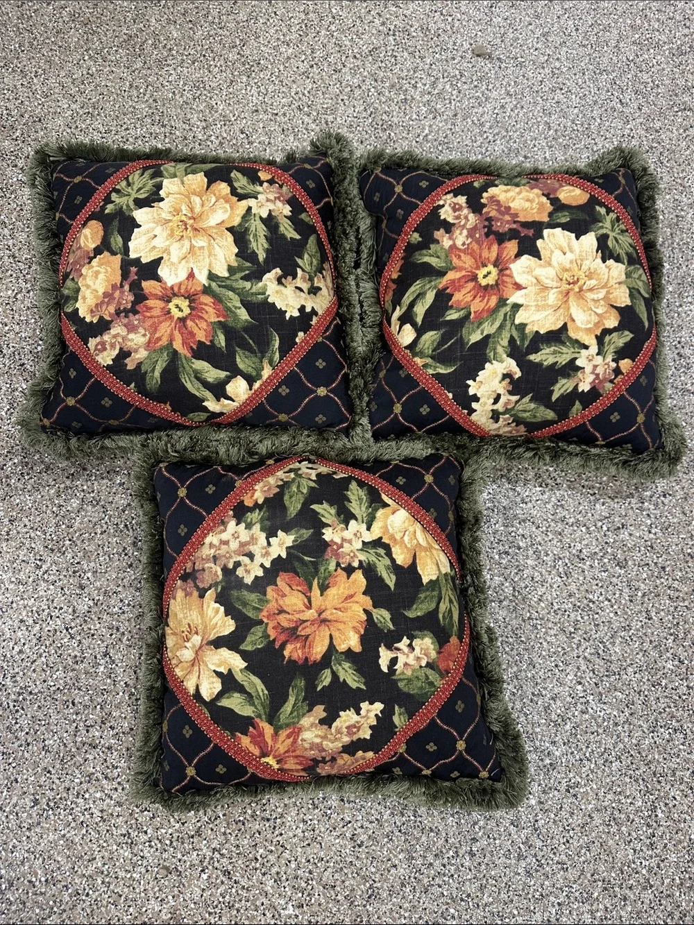 Decorative Floral Fringe Throw Pillow - Black and Gold (x3)